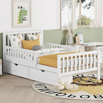 Low Platform Twin Bed with Guardrails, Headboard and Footboard