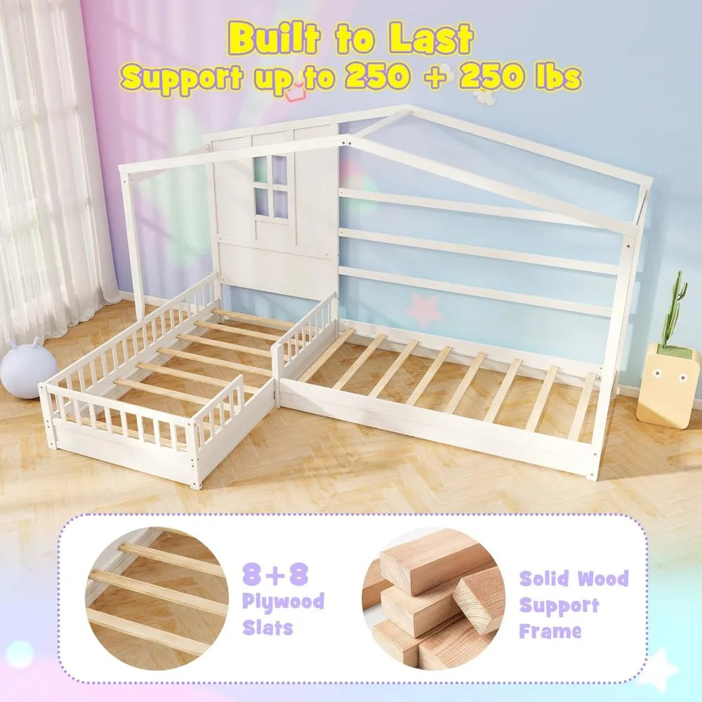 L Shaped Twin Beds for Kids Double, Wooden, Fence & Slats