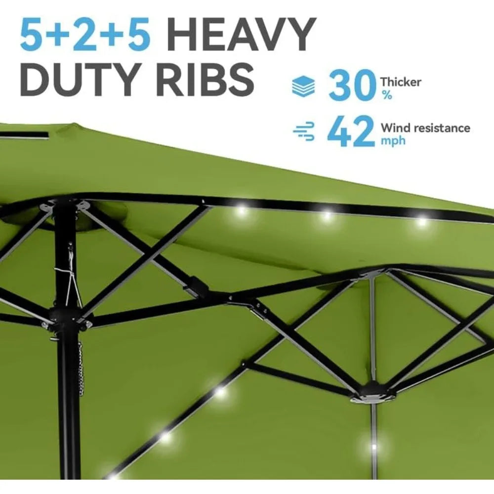15 ft Rectangle Patio Umbrella with Solar Lights and Base Included