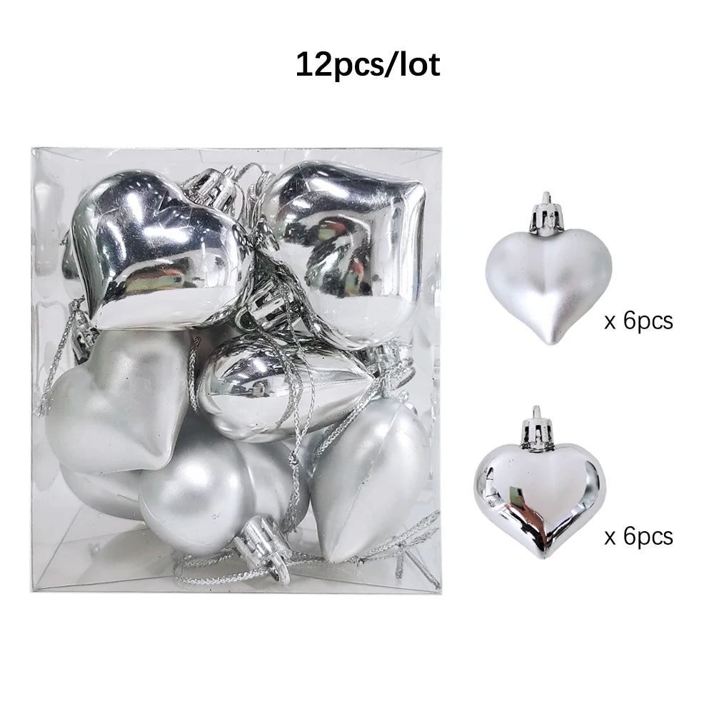 12Pcs Love Heart Christmas Balls Ornament Red Gold Plastic Balls