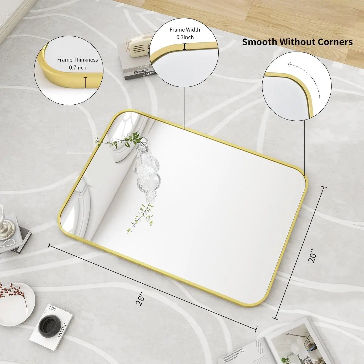 20" x 28" Rectangular Aluminum Alloy Frame Wall Mounted Bathroom Mirror with Rounded Corners
