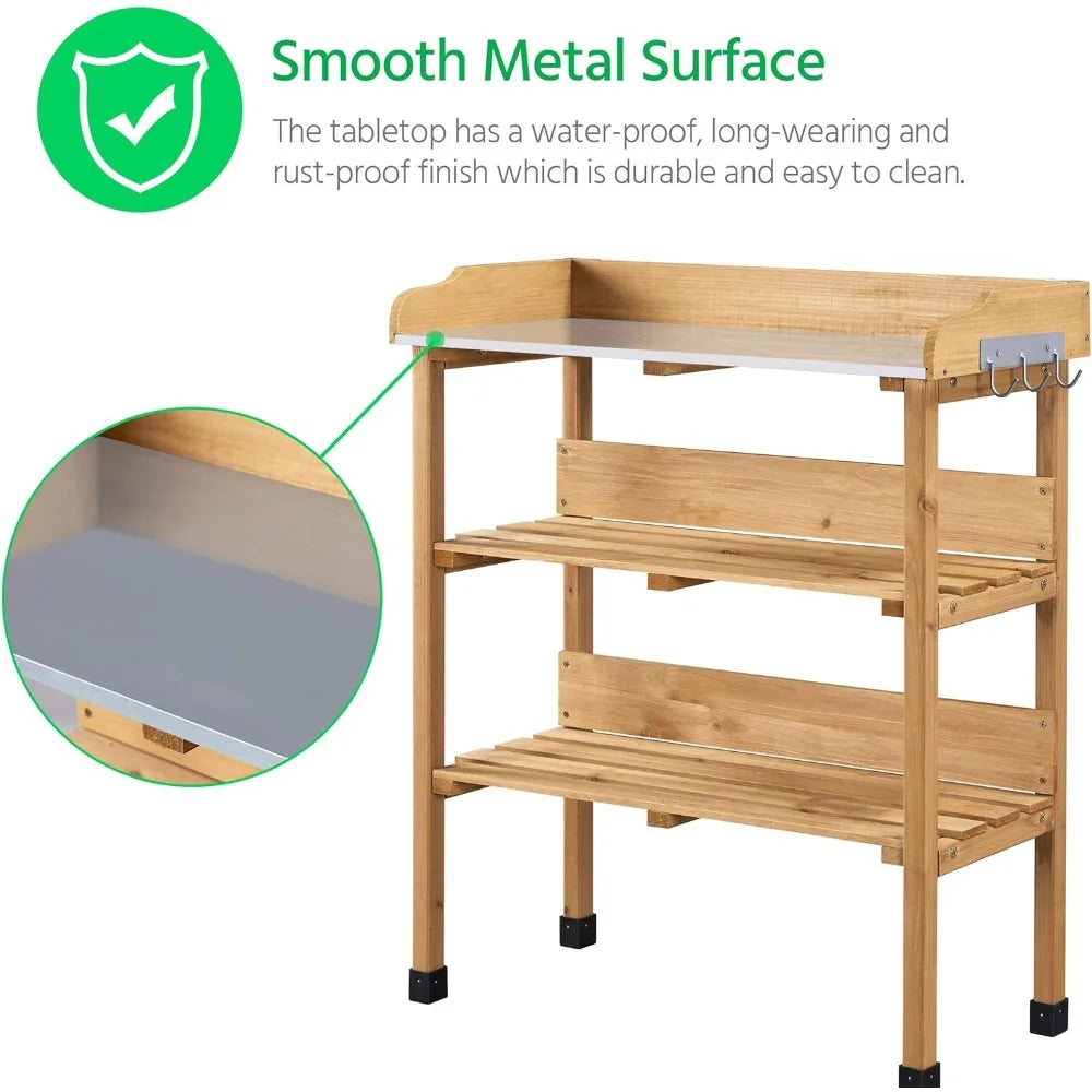 Potting Bench Table wMetal Tabletop for Garden