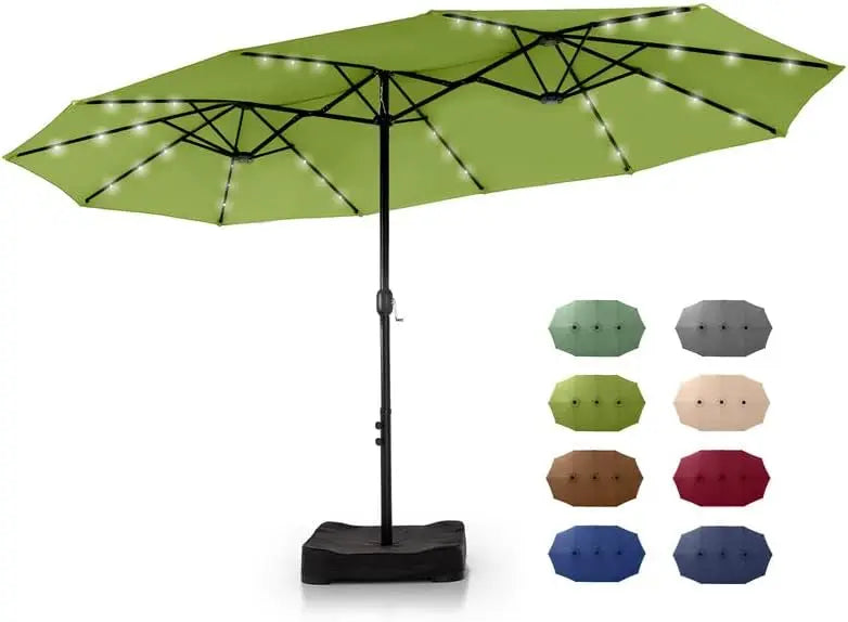 15 ft Rectangle Patio Umbrella with Solar Lights and Base Included