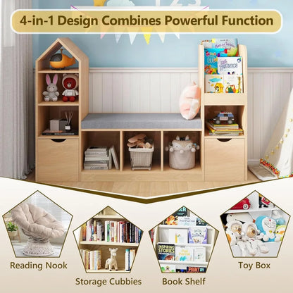 oak kids bookshelf with 7 cubby storage and reading nook