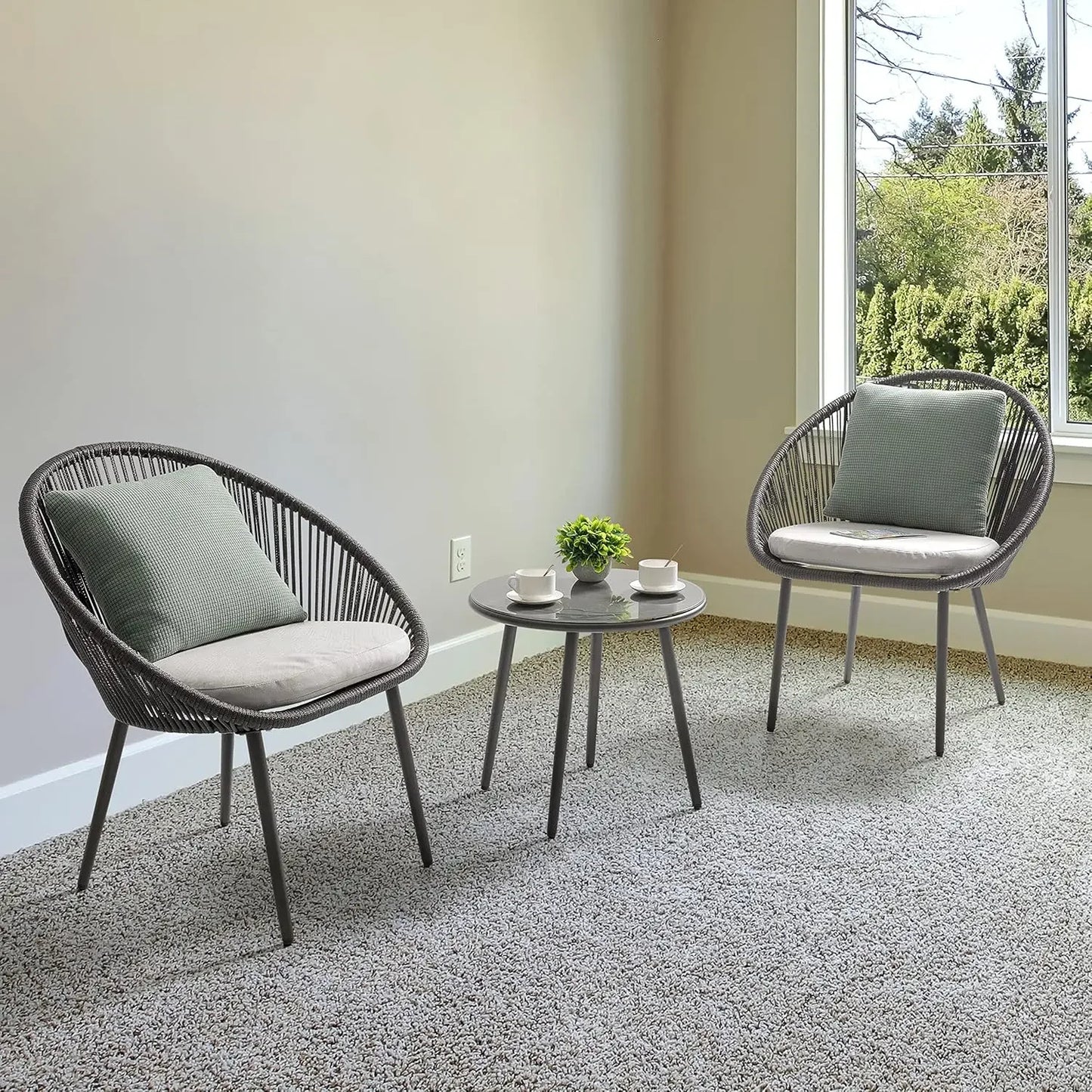 3 Piece Outdoor Bistro Set, Woven Rope Conversation Patio Set