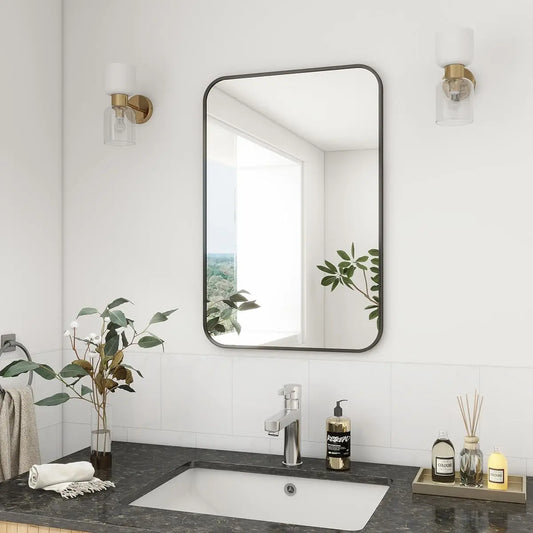 20" x 28" Rectangular Aluminum Alloy Frame Wall Mounted Bathroom Mirror with Rounded Corners