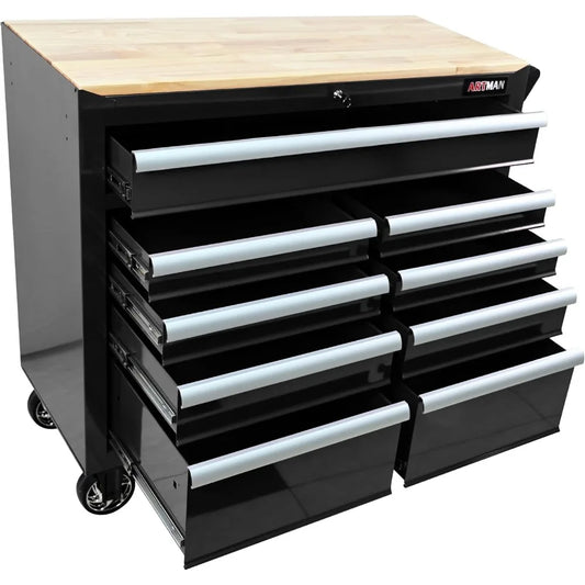 Heavy Duty Rolling Chest with 9-Drawer Wood Top