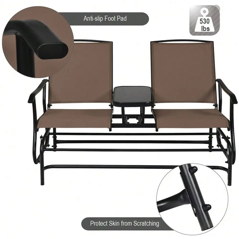 2-Person Glider Rocking Chair Loveseat  w/ Tempered Glass Table Brown