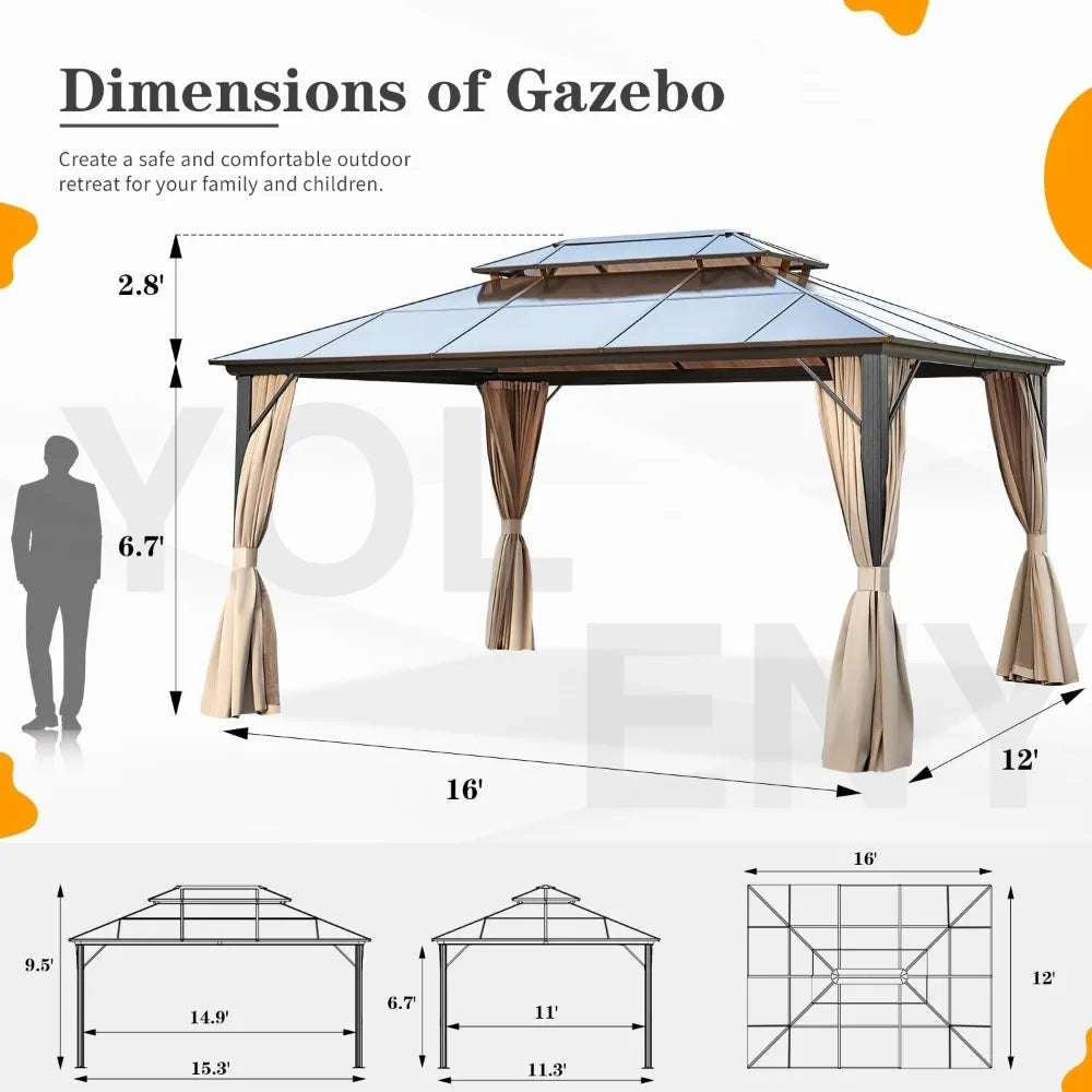 12x16ft Hardtop Gazebo, Double Roof Aluminum Frame with Curtains