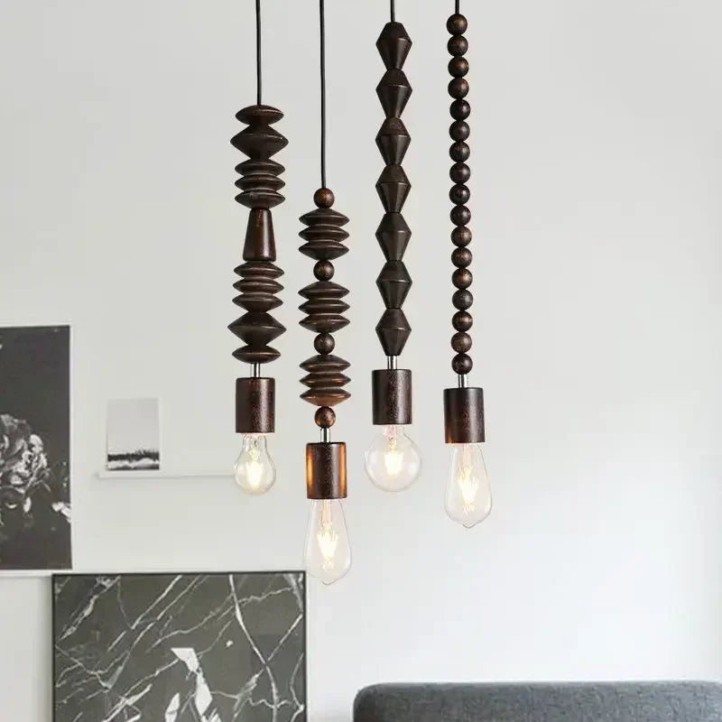 Retro Style Pendant Lights Oak Wooden Geometric Beads