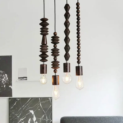 Retro Style Pendant Lights Oak Wooden Geometric Beads