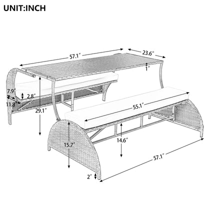 Outdoor Rattan Loveseat Convertible Picnic Upholstered Bench