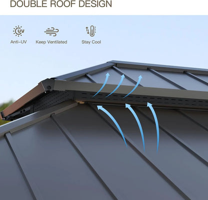 12'x16' Hardtop Gazebo Galvanized Steel Metal Double Roof Gazebo with Curtains and Netting