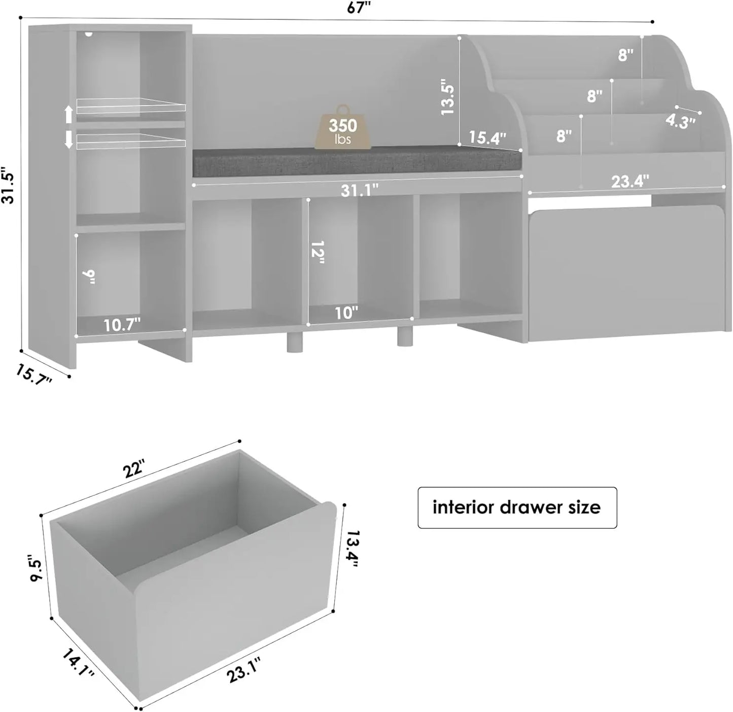 Kids Reading Nook with Bench, Bookshelf, Seat Cushion