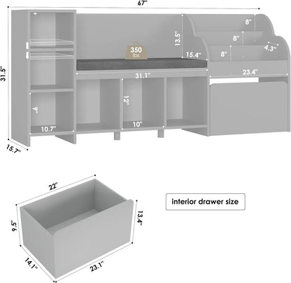 Kids Reading Nook with Bench, Bookshelf, Seat Cushion