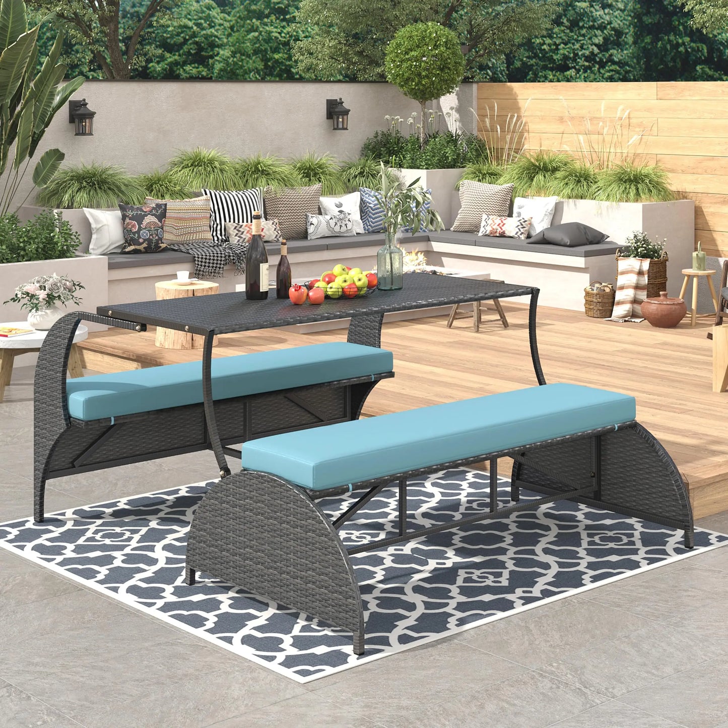 Outdoor Rattan Loveseat Convertible Picnic Upholstered Bench
