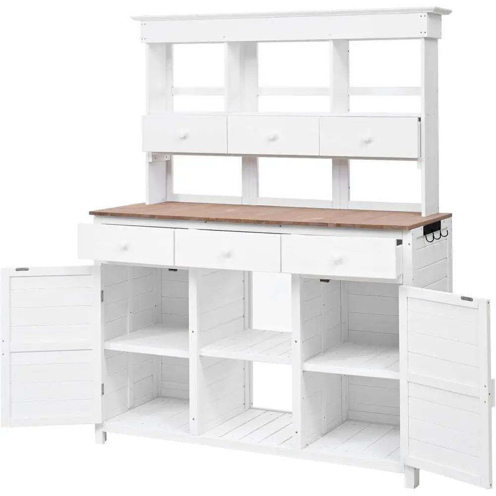 White Outdoor Potting Bench with Hutch,65.7 Tall