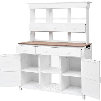 White Outdoor Potting Bench with Hutch,65.7 Tall