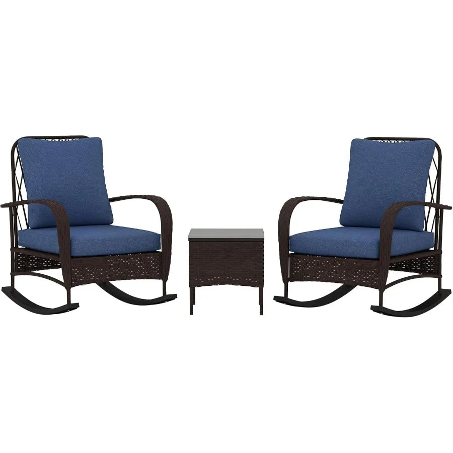 3 Piece Wicker Patio Set with Rattan Rocking Chairs Coffee Table and Cushions