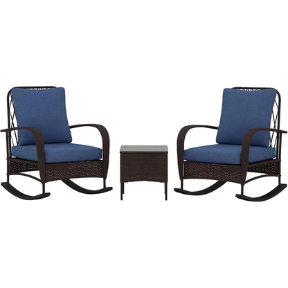 3 Piece Wicker Patio Set with Rattan Rocking Chairs Coffee Table and Cushions