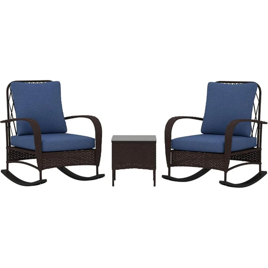 3 Piece Wicker Patio Set with Rattan Rocking Chairs Coffee Table and Cushions