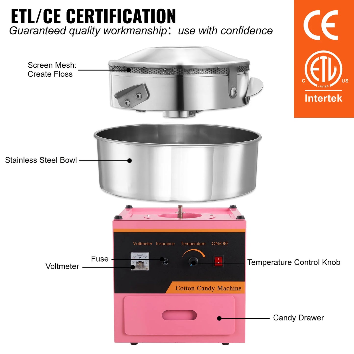 Electric Cotton Candy Machine with Stainless Steel Bowl Sugar Scoop and Drawer