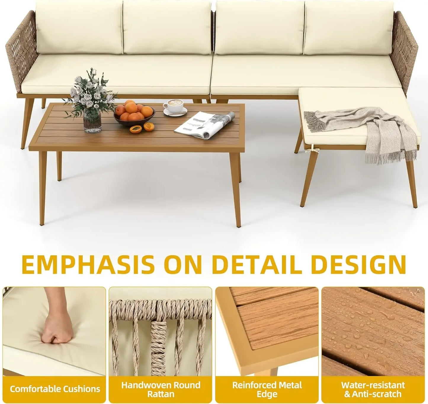 4 Pieces Patio Furniture Set, Sectional L-Shaped Sofa, All-Weather Rattan Woven Conver