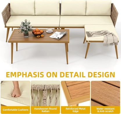 4 Pieces Patio Furniture Set, Sectional L-Shaped Sofa, All-Weather Rattan Woven Conver