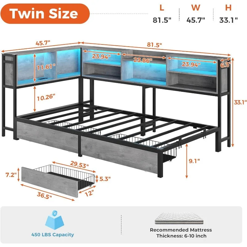Corner Twin Bed Frame with Bookcase Storage and Led Lights