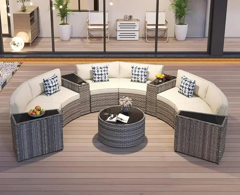 outdoor patio half-moon furniture. Grey rattan