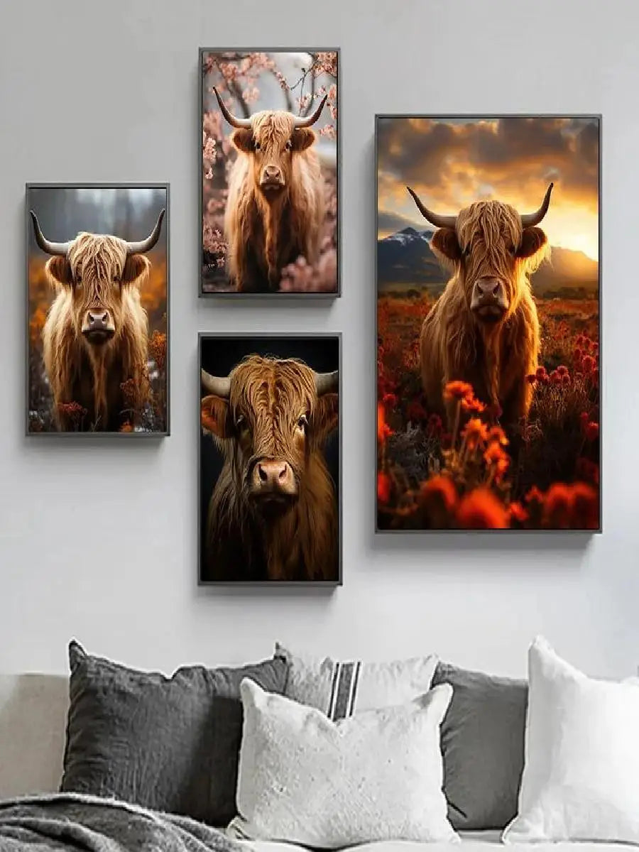 Scottish Highland Cow Floral Portrait Canvas Wall Art