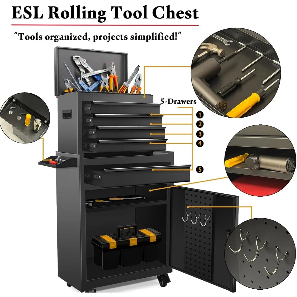 Rolling Tool Chest, 5 Drawers with Big Cabinet