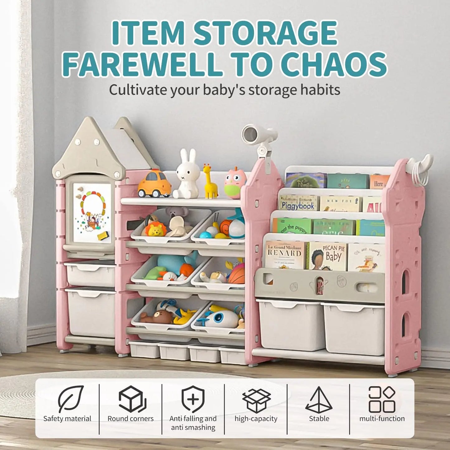 Kids Toy Organizer with 14 Bins, Pull-Out Drawers, Bookshelf