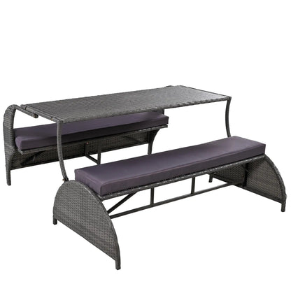 Outdoor Rattan Loveseat Convertible Picnic Upholstered Bench