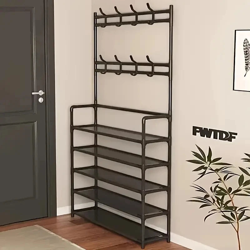 Entryway Coat Rack, Shoe Rack, with 4-Tier Storage Shelves and 8 Double Hooks