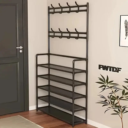 Entryway Coat Rack, Shoe Rack, with 4-Tier Storage Shelves and 8 Double Hooks