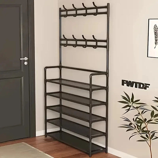Entryway Coat Rack, Shoe Rack, with 4-Tier Storage Shelves and 8 Double Hooks