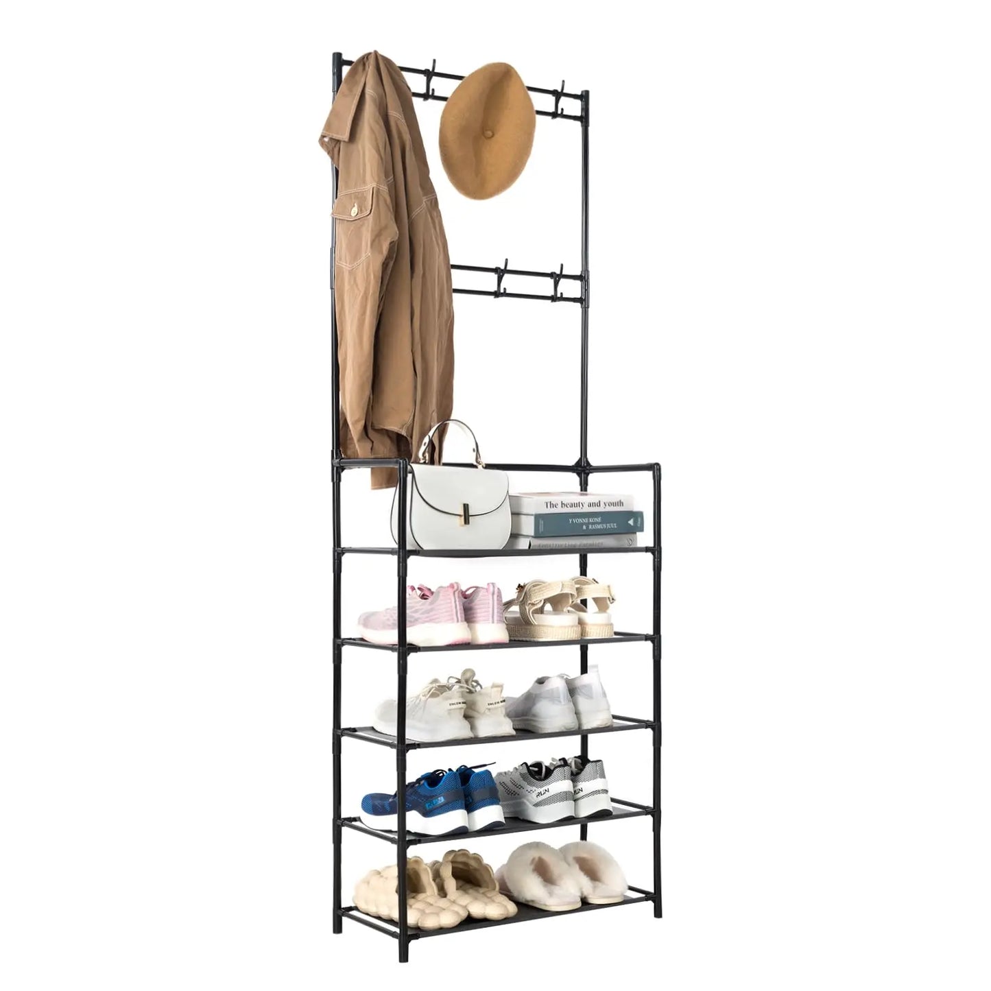 Entryway Coat Rack, Shoe Rack, with 4-Tier Storage Shelves and 8 Double Hooks