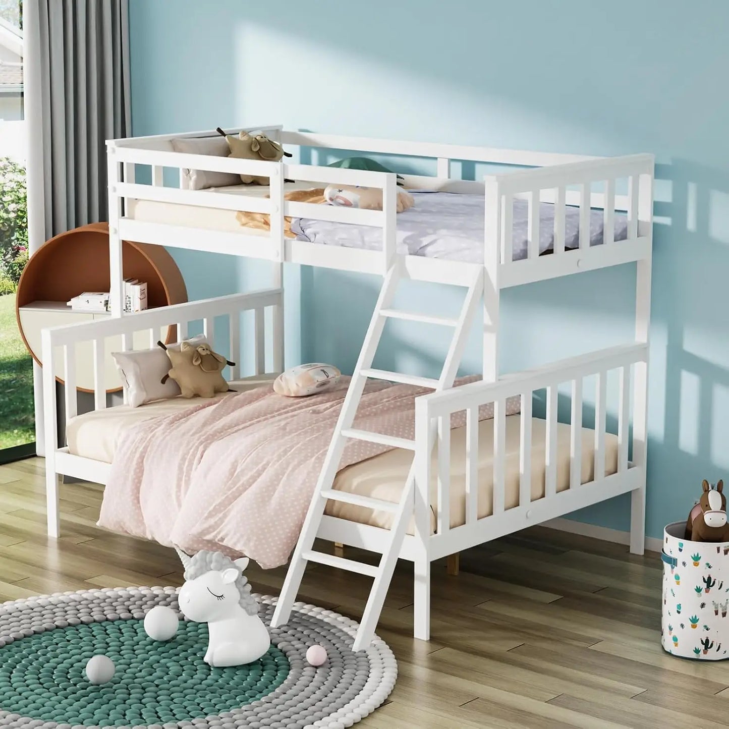 Twin Over Full Bunk Bed, Solid Wood Frame with Ladder & Guard Rail