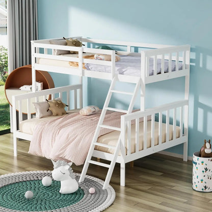 Twin Over Full Bunk Bed, Solid Wood Frame with Ladder & Guard Rail
