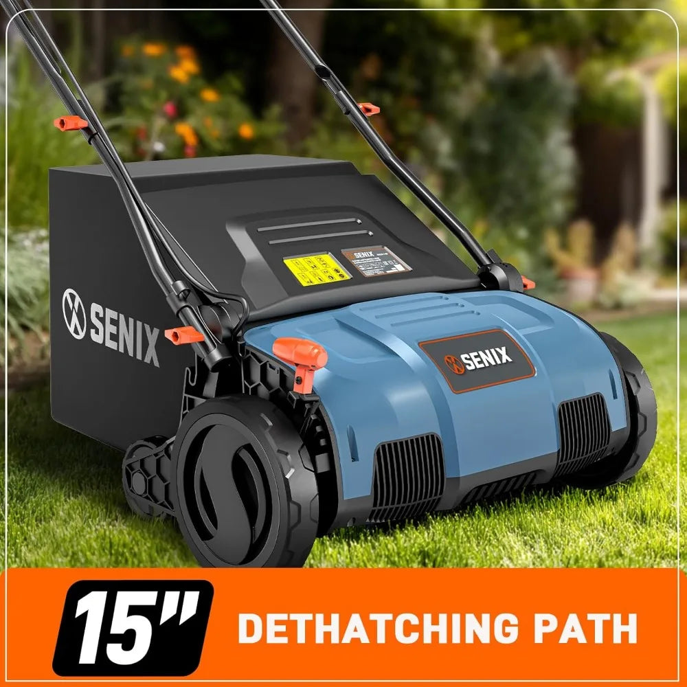 15-Inch Dual-Purpose Electric Dethatcher and Scarifier with 13 Amp Power, 13.2 Gallon Bag