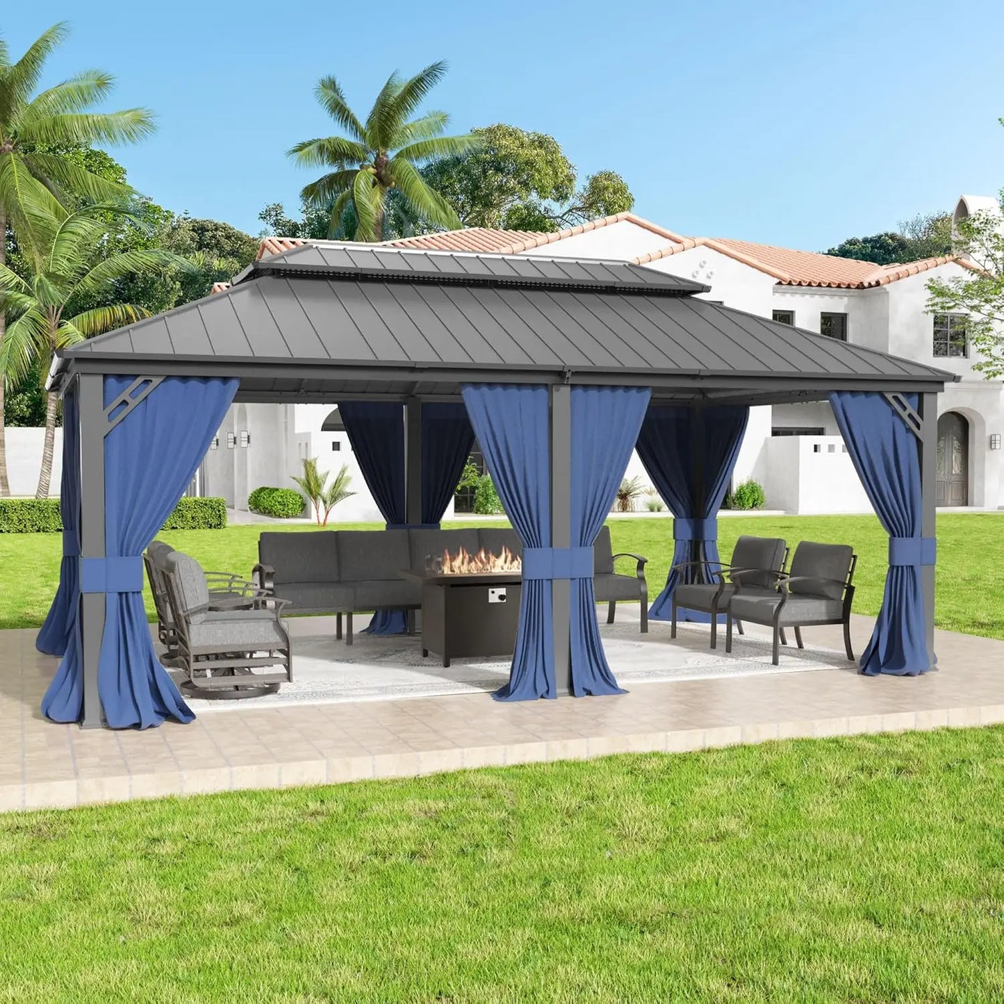 12'x16' Hardtop Gazebo Galvanized Steel Metal Double Roof Gazebo with Curtains and Netting