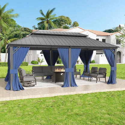 12'x16' Hardtop Gazebo Galvanized Steel Metal Double Roof Gazebo with Curtains and Netting