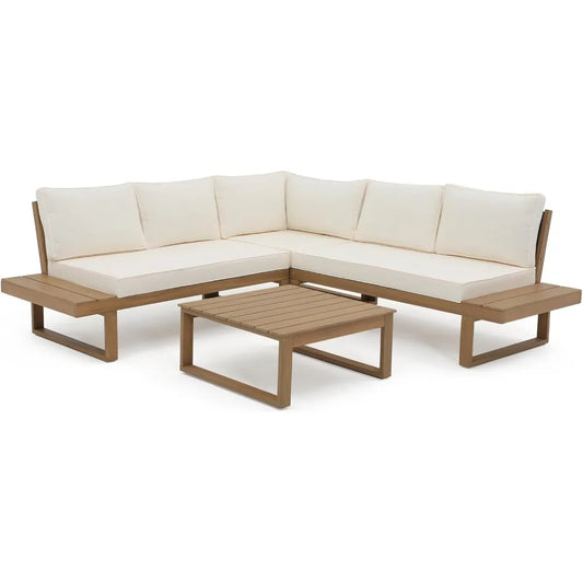 4 Piece Acacia Wood L-Shaped Outdoor Sectional with Coffee Table