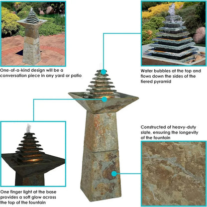 40-inch Slate Outdoor Water Fountain - with LED Lights for Patio, Deck