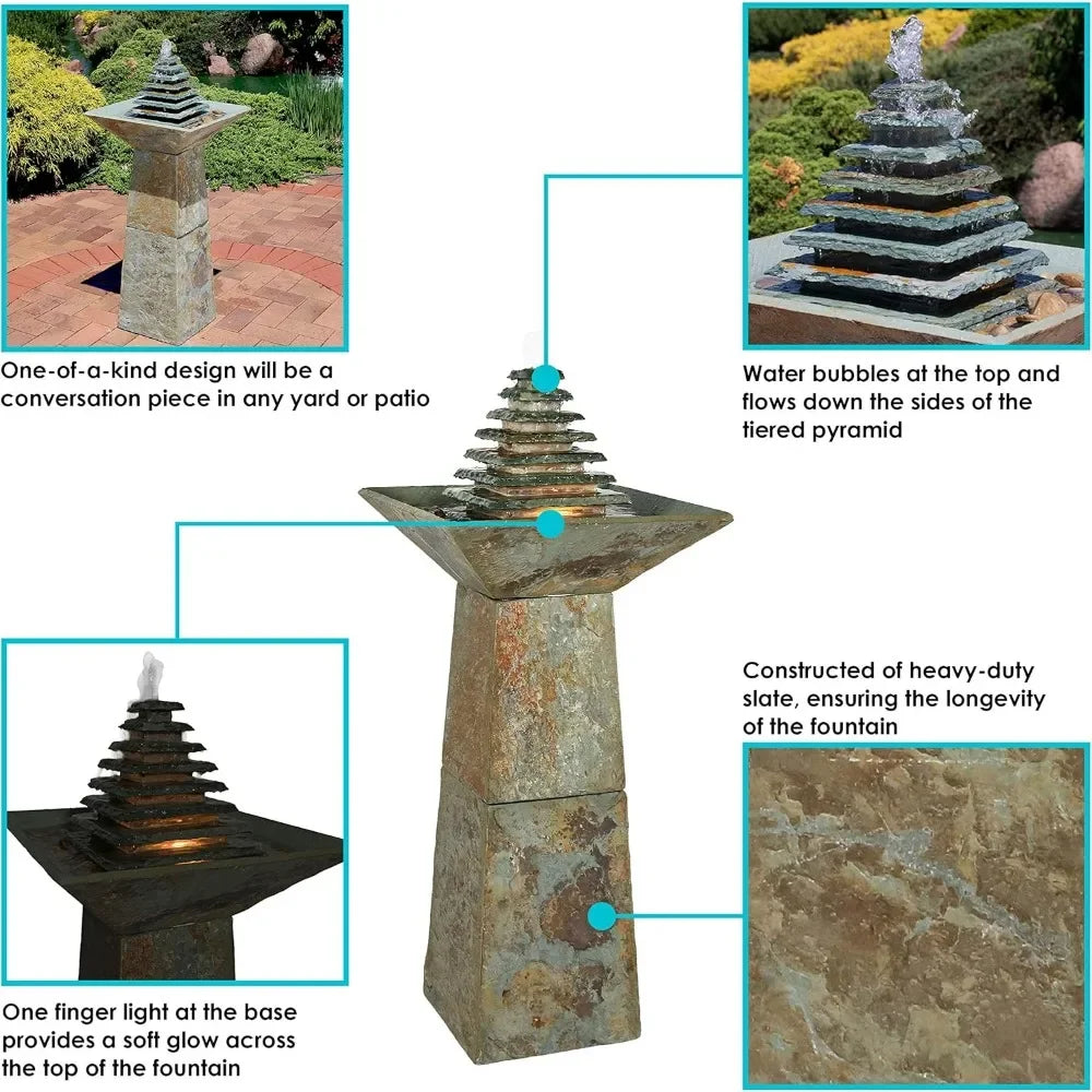 40-inch Slate Outdoor Water Fountain - with LED Lights for Patio, Deck