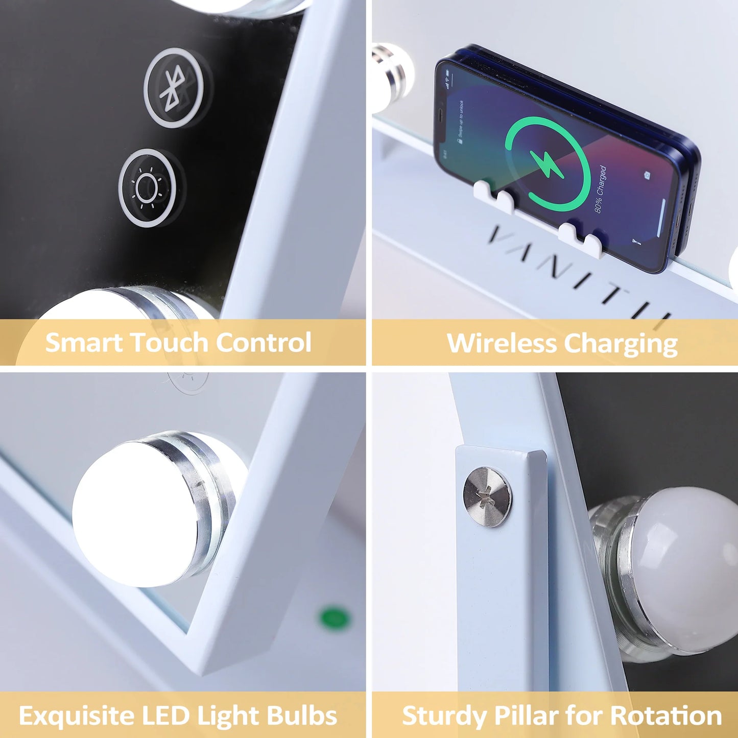 White Vanity Mirror with Lights Wireless Charger Bluetooth Speaker