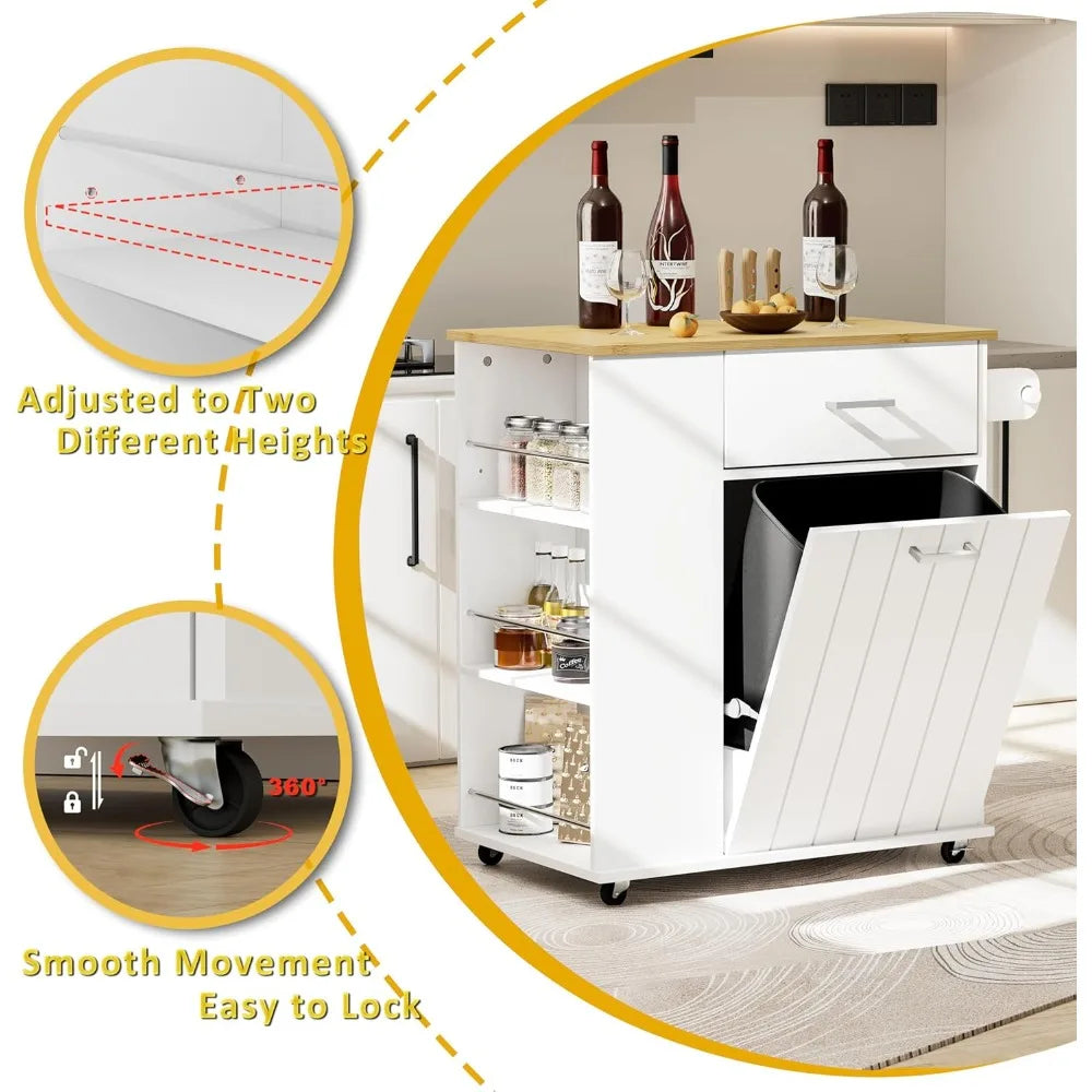 Rolling Kitchen Island with Trash Can Storage