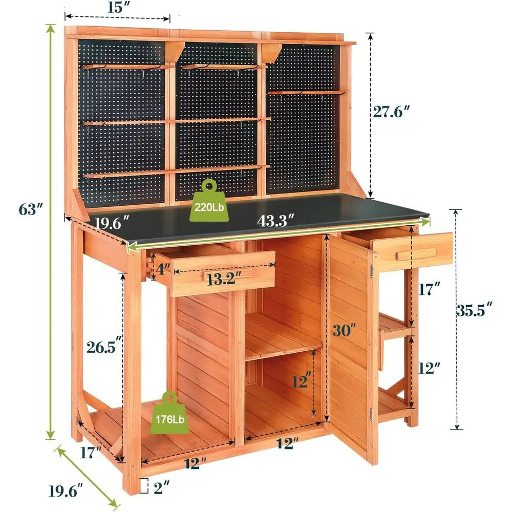Wooden Garden Potting Bench with Metal Top, Drawer & Storage (Black, 44x20x63)