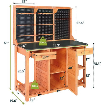 Wooden Garden Potting Bench with Metal Top, Drawer & Storage (Black, 44x20x63)